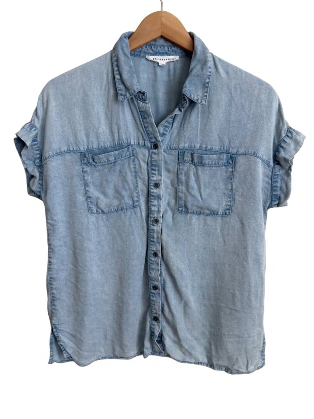 Chambray Button Up Shirt Size S Light Blue Lyocell Short Sleeve Jane + Delancey